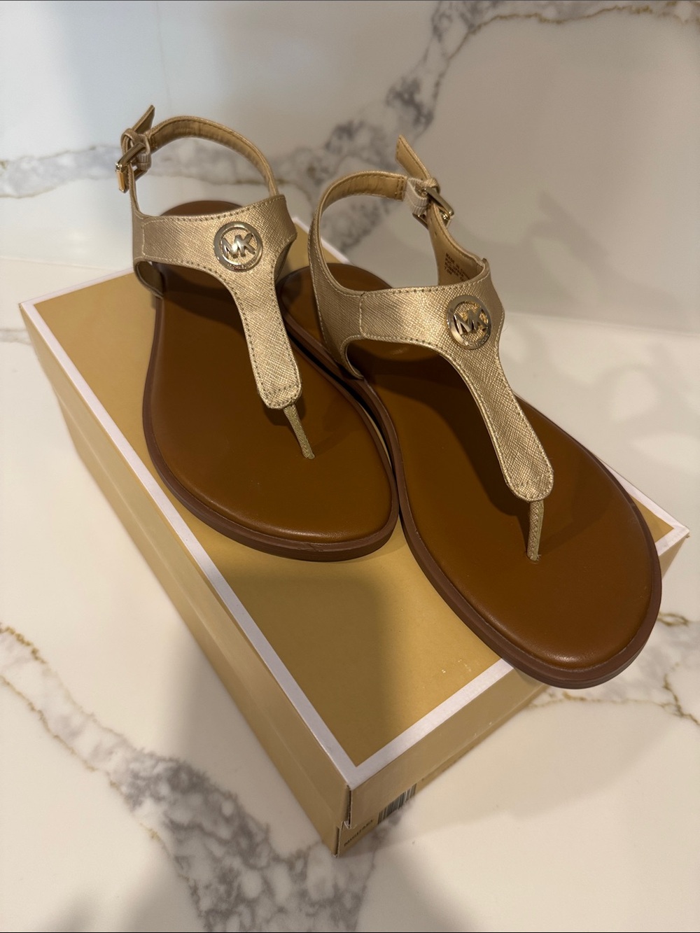Michael Kors Metallic Gold Leather T-Strap Sandals